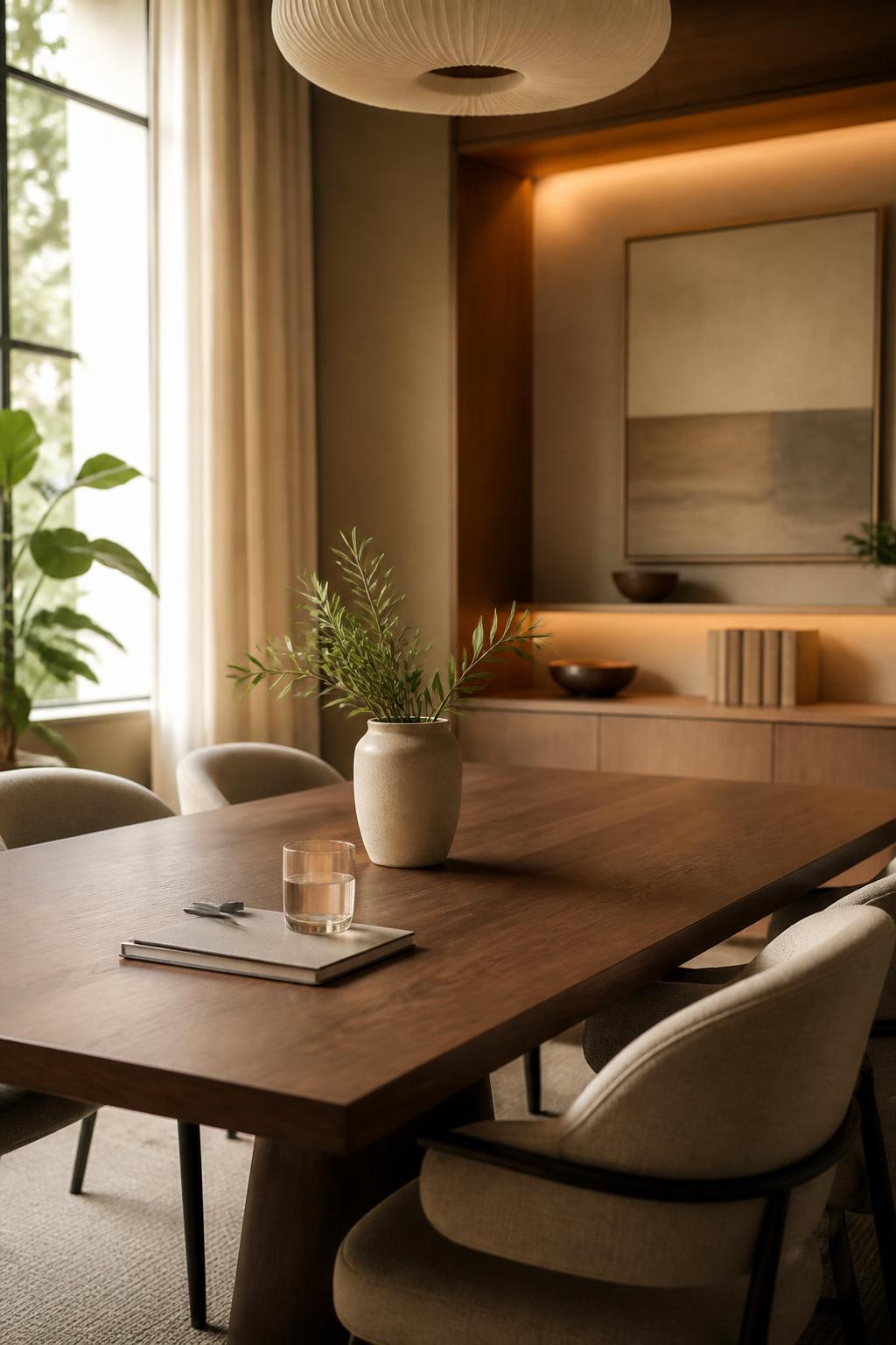 Inviting agency meeting room with soft light and neutral finishes.